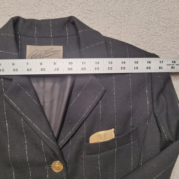 VTG Rickie Freeman Teri John Blazer Jacket 2 Black Wool Pinstripes Gold Longline - Picture 10 of 16